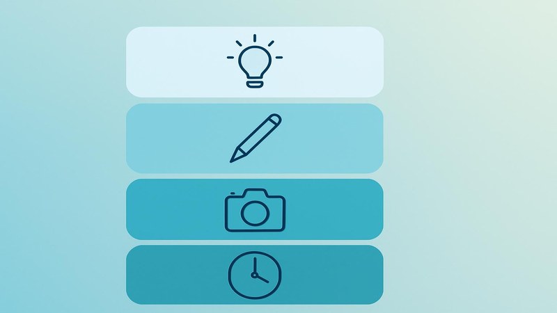 Four batching task blocks for ideas, captions, visuals and scheduling arranged in sequence
