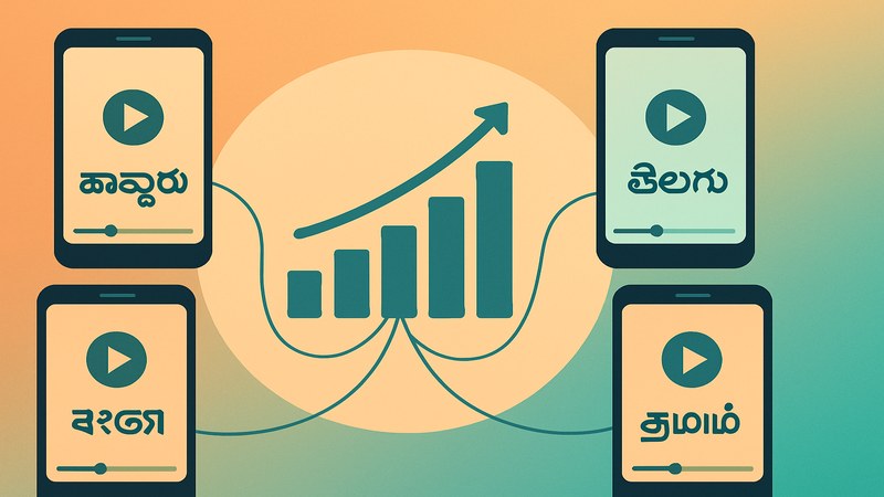 Smartphones showing regional language videos connected to a growth graph representing India's video boom