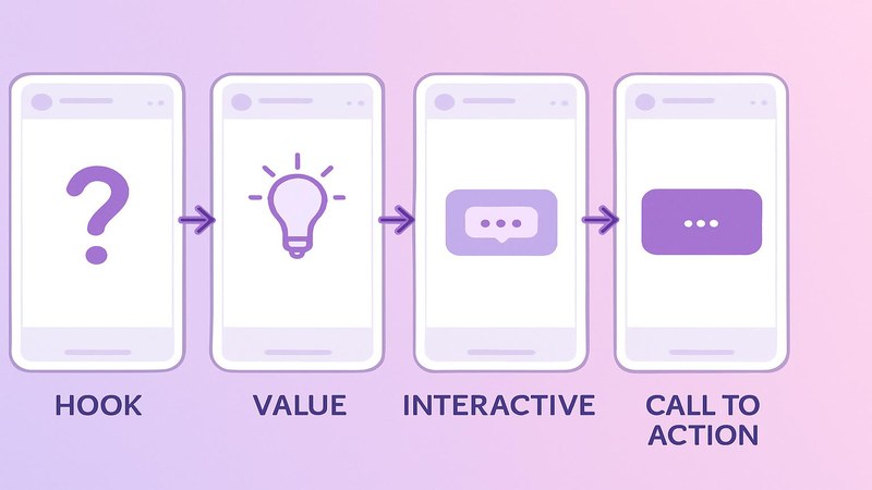 Four-frame Instagram Story sequence showing hook, value, interactive sticker and call to action steps