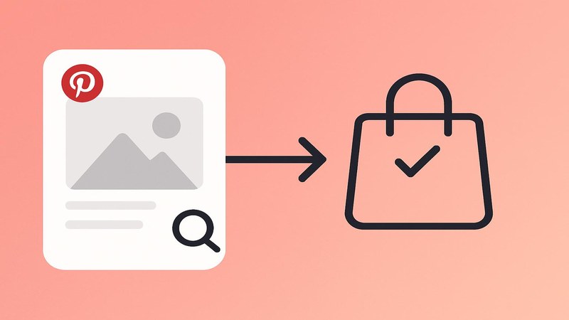 Pinterest pin card connected to a checkout icon showing high purchase intent and visual search