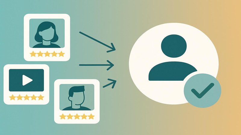 User-generated content cards with star ratings flowing toward a brand profile with a trust checkmark
