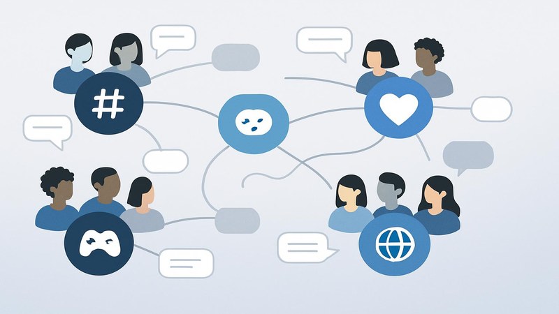 Grouped circles of people around topic hubs representing Threads Communities feature