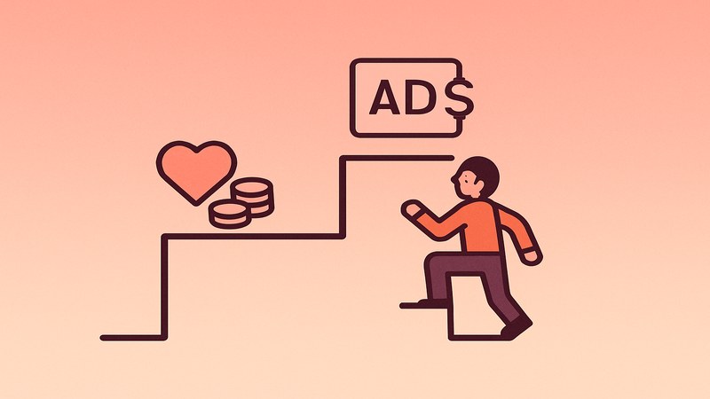 Tiered monetization staircase from fan funding to ad revenue with a creator climbing up