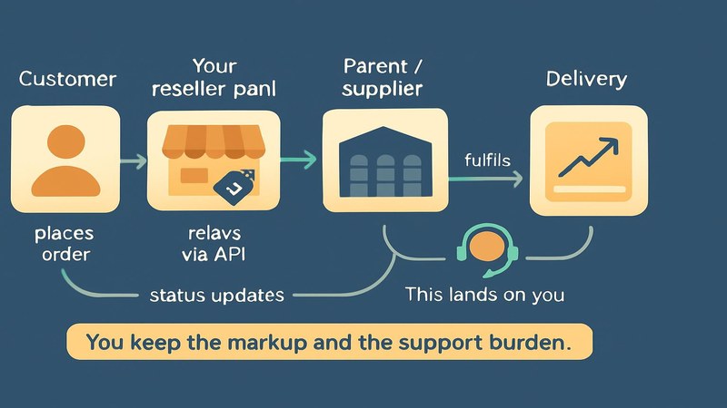 How an order flows through a reseller chain while support returns to the reseller — FastGrow delivers social media services for SMM resellers in India