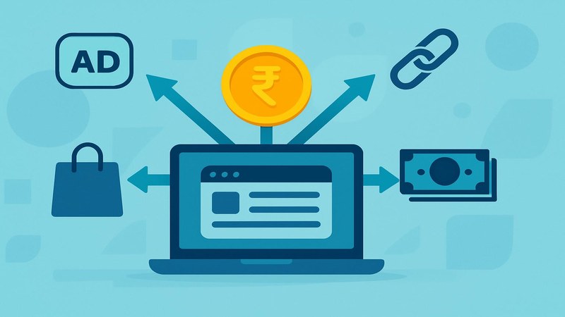 Blog at center with arrows to AdSense, affiliate and product income sources