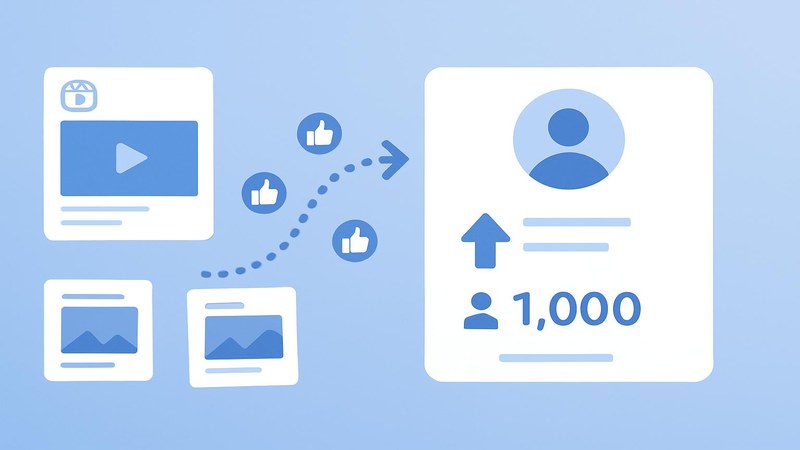 Facebook Reels and visual posts flowing toward a page profile with rising followers and reactions