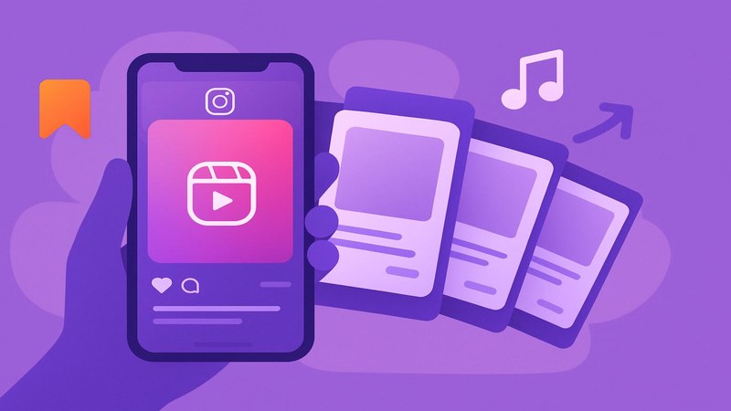 Phone showing a Reel with a carousel of content cards, save and share icons for Instagram growth strategy