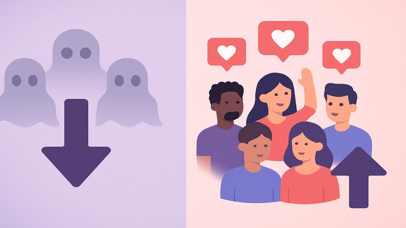Comparison of faded fake bot followers versus vibrant real engaged followers on Instagram