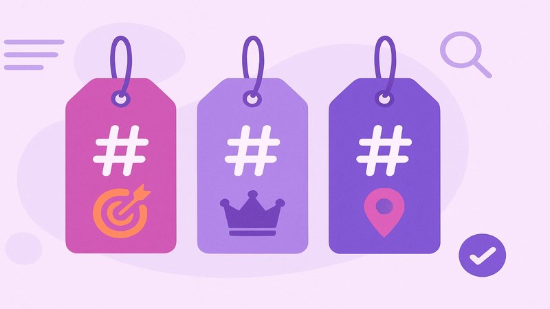 Three types of Instagram hashtags - niche, branded and local - shown with simple icons