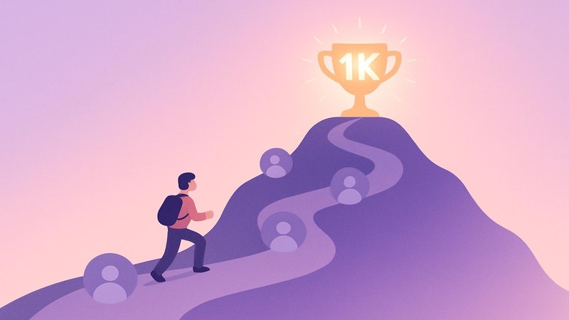 Milestone path leading up to a glowing 1K badge showing the journey to 1000 followers