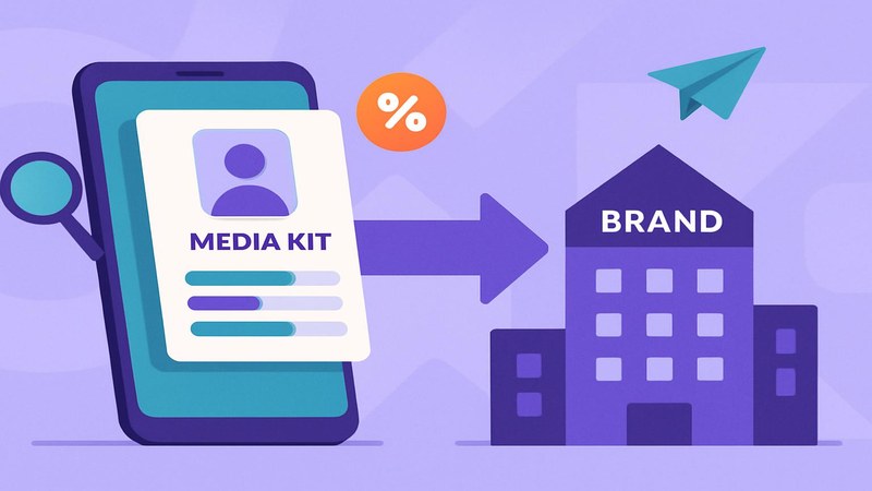 Media kit on a phone with stats and an arrow to a brand building, showing how to pitch for sponsorships