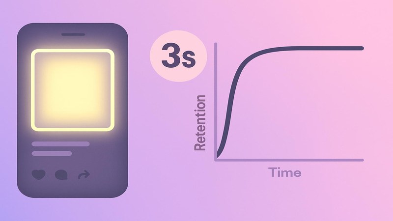 Reel with a highlighted first 3-second hook frame and a high retention curve
