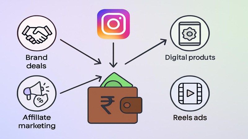 Multiple Instagram income streams like brand deals, affiliate and digital products flowing into a rupee wallet