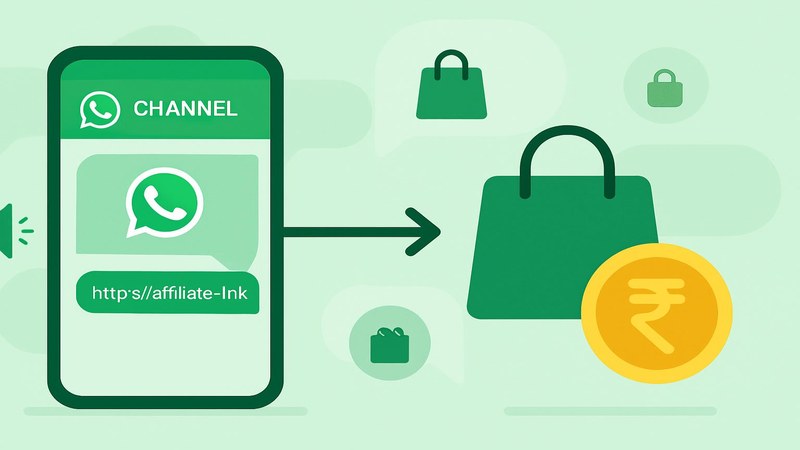 WhatsApp channel affiliate link leading to a shopping bag and rupee coin showing the earning flow