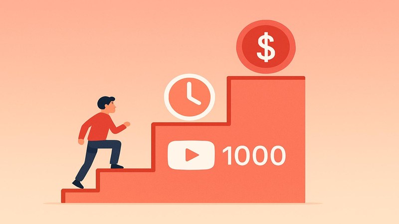 Monetization staircase with 1000 subscribers and watch time steps leading to a rupee reward