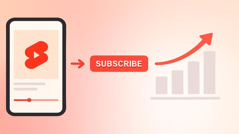 YouTube Shorts video leading to a subscribe button and rising subscriber graph showing growth funnel
